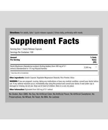 Piping Rock Reishi Mushroom Capsules 500mg - 100 Pills | Standardized Extract | Gluten Free Non-GMO Supplement - Buy Online on GoSupps.com
