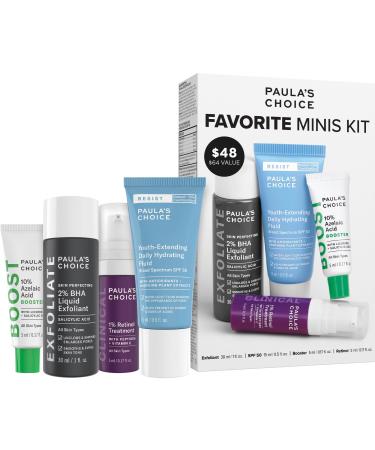 Paula's Choice Favorites Mini Kit 4 Piece Set Includes 2% BHA Exfoliant 1% Retinol Treatment 10% Azelaic Acid Booster Youth Extending SPF 50 Moisturizer Travel Skin Care Set for Glowing Skin