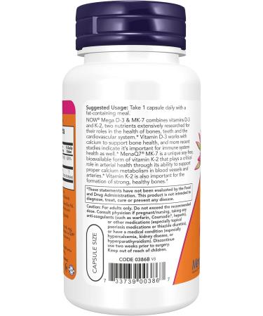 NOW Mega D-3 & MK-7 5000 IU / 180 mcg Vitamins K-3 & K-2 120 Capsules | Bone & Cardio Support - Buy Online on GoSupps.com