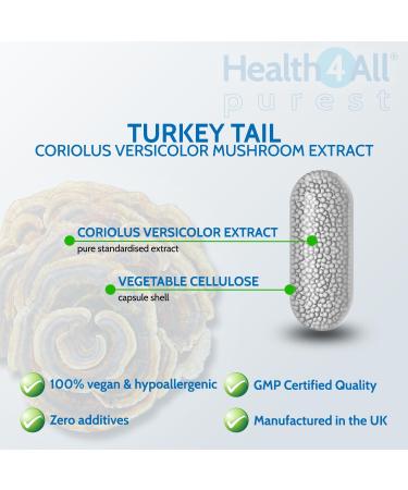 Health4All Turkey Mushroom Extract 500mg 90 Capsules - 30% PSK/PSP Beta Glucans - 100% Fruiting Bodies - Vegan - Buy Online on GoSupps.com