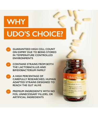 Udo's Choice Super 8 Immune Probiotics - 42 Billion Cell Count - 90 Capsules - Supports Bowel & Digestive Health - Vitamin C - 8 Microbiotic Strains - Buy Online on GoSupps.com