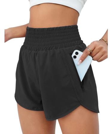 BMJL Women's Athletic Shorts High Waisted Running Shorts Pocket Sporty Shorts Gym Elastic Workout Shorts Black Medium