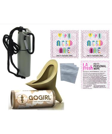 GoGirl Military Female Urination Device, Khaki with Khaki Waterproof Holder & LA Fresh Feminie towlettes, Zip Baggies & Carabiner