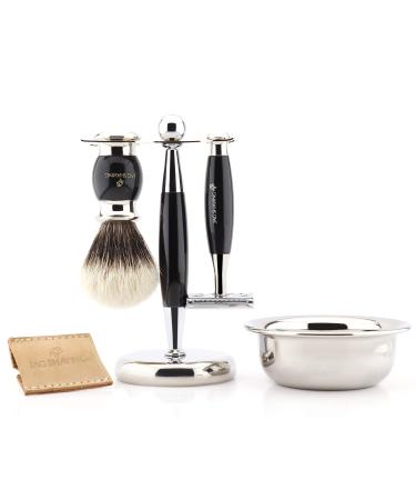 Jag Shaving luxury rasier set for men with a double-sided razor planer with leather bag black silver tip shaving brush stand and bowl