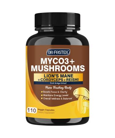 DRFOSTER Lions Mane Supplement Capsules - MYCO3+ Mushrooms with Cordyceps Reishi & Ginkgo Biloba for Clarity & Energy - 110 Caps