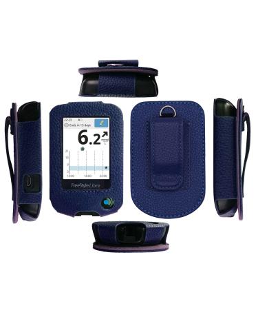 Premium Fitted Leather Case with Screen Protector Belt Clip Carabiner (Including a Neck Lanyard) for Freestyle Libre 2/ Freestyle Libre 14 Day/Freestyle Libre (Navy)
