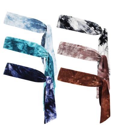 Whaline 6Pcs Sport Headband Tie Dye Elastic Head Wrap Multicolored Tie Back Sweatband Non Slip Tennis Tie Hairband for Men Women Working Out Running Athletics Birthday Gift