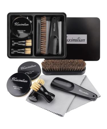 MAXIMILIAN Shoe Polish Kit Shoe Shine kit With Black Polish and Neutral Polish 2 Polish Applicator Brush Soft Horsehair Brush Shoehorn Cloth M Black