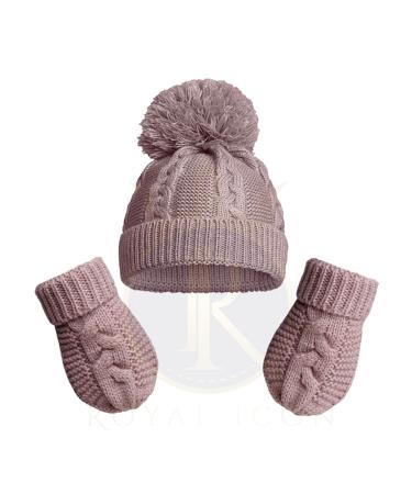 Royal Icon Baby Knitted Pom Pom Hat with Mittens Baby Boys Girls Winter Hat Mittens Set Cable Knit Single Pom Pom Bubble Hat Colours Available NB-12 Months RI6512 0-12 Months Dusty Pink - Ri800