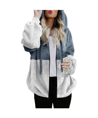 Hanxiulin plush jacket oversize warm lined fleecemantel women cardigan basic hooded jacket ladies trench coat synthetic fur warm cozy jacket winter jacket blue s