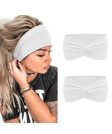 MISUPORVE White Headbands for Women Non Slip Stretch Workout Headband Wide Cloth Breathable Head Bands Yoga Running Sport Hairbands for Women's Hair Solid Color Hair Accessories 2 Pcs