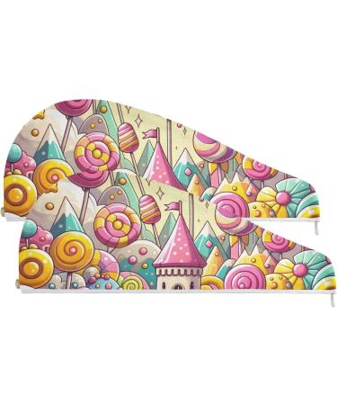 Sweet & Sweet Candy Lollipop Land Hair Towel 2 Pack - Super Absorbent Hair Drying Turbans with Button Twist Wrap for Women & Girls | Fast International Shipping - Buy Online on GoSupps.com