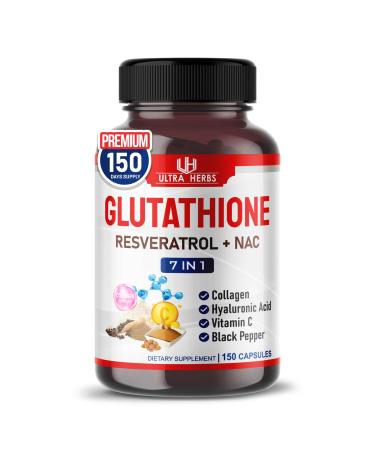 Glutathione Supplement Active Reduced Form, Enriched with Resveratrol, NAC, Collagen, Hyaluronic Acid, Vitamin C - Advanced Antioxidant for Immunity & Detox | 150 Capsules 150 count (pack of 1)