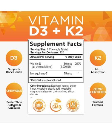 High Potency Vitamin D3 + K2 (MK-7) 2-in-1 Formula - 120 Chewable Tablets for Heart, Bone & Immune Health - Buy Online on GoSupps.com