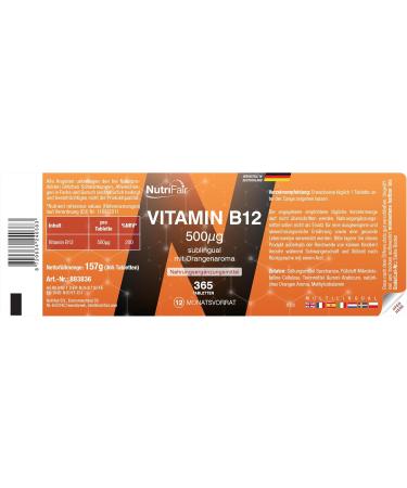 Nutrifair BV Vitamin B12 500 g Lozenges 365 sublingual tablets with orange flavor Methylcobalamin High dosage 100 vegan German production & laboratory testing NutriFair Premium - Buy Online on GoSupps.com