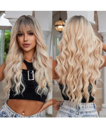 Shop Allbell Ombre Blonde Wigs with Bangs - Long Wavy Synthetic Hair for Women | International Shipping Available - Buy Online on GoSupps.com