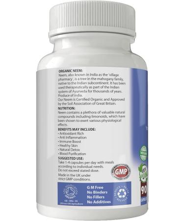 Organic Vegan Neem Capsules x 90 (500mg) - Soil Association Certified Gluten Free - GM Free - Buy Online on GoSupps.com
