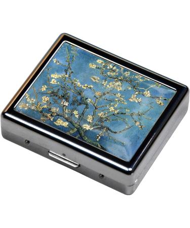 Silver Vintage Pill Box - 7 Day Metal Organizer with Mirror & 8 Compartments | Cute Travel Pillbox for Purse - Art Almond Blossoms - Buy Online on GoSupps.com
