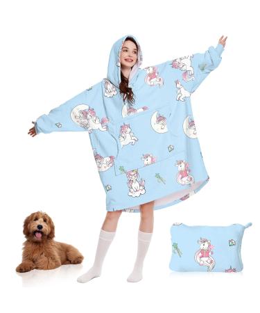Portable blanket hoodie oversized sweatshirt with hoods and bags cozy warm Hoddie ceiling for adults gifts for women unicorn sky blue adult unicorn sky blue unit size
