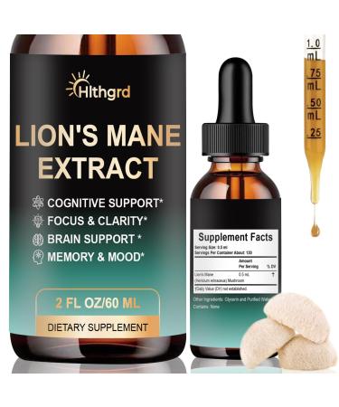 Hlthgrd Lions Mane Liquid Lion Mane Mushroom Supplement Lions Mane Extract Lions Mane Drops for Cognitive Focus Clarity Memory Mood Brain Support 2 Fl Oz Up to 120-Servings Supply