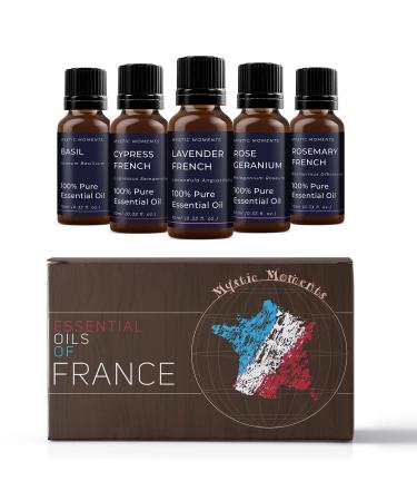 Mystic Moments | Essential Oils of France Essential Oil Gift Starter Pack 5x10ml | Basil Cypress French Lavender French Rose Geranium Rosemary French | Perfect as a Gift