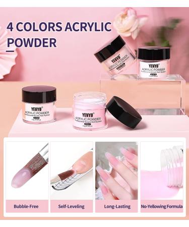 YEVYO Acrylic Nail Kit - 4 PCS Powder and Liquid Set with Clear, Nude, Pink, White Nail Powder - 3.38 Oz Monomer, Professional Brush, Forms for Nails Extension - Beginner and Home DIY - Buy Online on GoSupps.com
