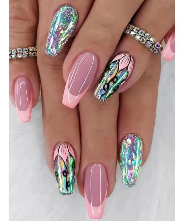 verysparkling 24pcs Pink Pearl Glitter Coffin Fake Nail Pearl Glitter Press on Nails Pink Pearl Glitter Coffin Nails Luxurious Nails Acrylic Nails Fake Nails For Women Girls