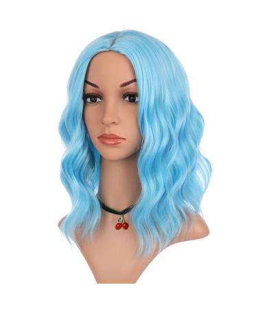 eNilecor Blue Wig, Short Colored Wigs Bob Wig for Women, Natural Wavy Colorful 14 Inch Middle Part Synthetic Wig for Cosplay Party Costume(Sky Blue)