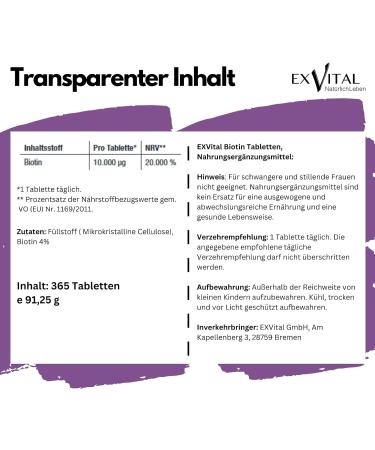 Biotin 10 000 g f r Haare Haut & N gel - EXVital | Hohe Dosis 365 Tabletten Deutsche Premiumqualit t - Buy Online on GoSupps.com