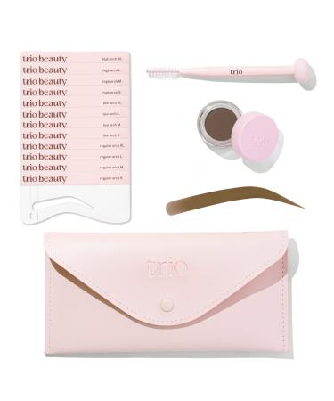 Trio Beauty Brow Trio Eyebrow Stencil Kit | Perfect Brows in Seconds | Eyebrow Stamp Stencil Kit with Fully Waterproof Eyebrow Pomade and Dual Ended Sponge Brush | Soft Brown