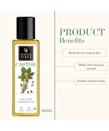 Good Vibes 100% Pure Castor Cold Pressed Carrier Oil - 200 ml - For Strong and Smooth hair Heals Dry Cracked Skin and Soothes Inflamed Skin - Buy Online on GoSupps.com