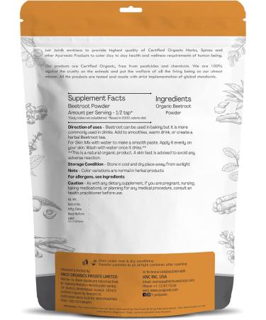 Just Jaivik Organic Beetroot Powder 227g | Natural Nitric Oxide Booster | Superfood for Heart Health & Stamina | Gluten Free & Vegan - Buy Online on GoSupps.com