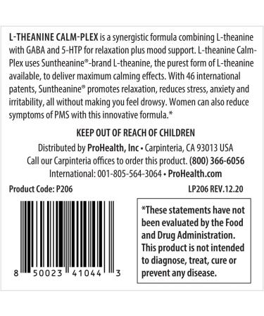 L-Theanine Calm-Plex with GABA and 5-HTP (100mg, 60 Capsules) - ProHealth ( pack of 1 ) - Buy Online on GoSupps.com