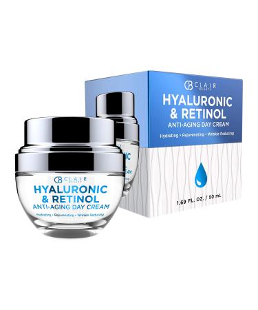 CLAIR BEAUTY Hyaluronic & Retinol Anti Aging Day Cream - Hydrating & Rejuvenating | Reduces Appearance Of Wrinkles, Creases & Fine Lines | Evens Skin Tone & Dark Spots - 50mL