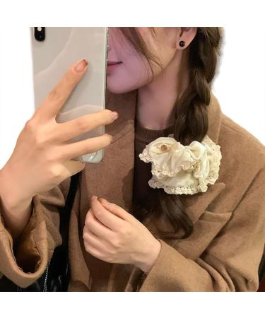 amangul Large Scrunchies Lace Trim Vintage Floral Hair Scrunchy 90s Women Girls Thick Hair Accessory Hair Tie Ponytail Holder(12 Beige Velvet Hair)