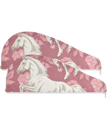 White Horse Pink Flower Hair Towel 2 Pack - Super Absorbent Quick Dry Hair Turbans for Women & Girls - Buy Online on GoSupps.com