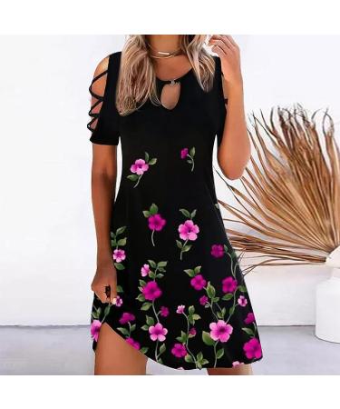BOXIACEY Womens Casual Floral Print Cold Shoulder Swing Dress - Large, Purple - Buy Online on GoSupps.com