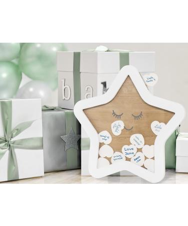 Wishing Star Guestbook Baby - Babyshower Baby Gift Accessoire - With 25 Descriptive Heart - Gift for Birth - White - MDF -Holz
