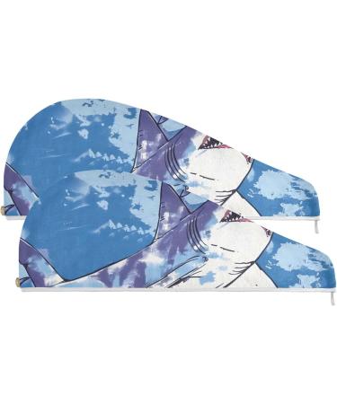 Shark Blue Hair Towel 2 Pack - Super Absorbent Quick Drying Hair Turbans for Women & Girls - Buy Online on GoSupps.com