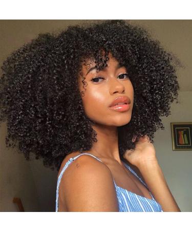 Afro Kinky Curly Wig With Bangs Brazilian Virgin Curly Human Hair Wig 200% Density Full Machine Made Scalp Base Top Wigs for Black Women Natural Color 18inch 18 Inch Natural Color
