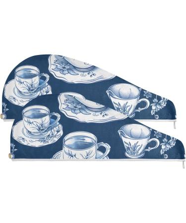 Flower Cups Blue Hair Towel 2 Pack | Super Absorbent Quick Dry Hair Turbans for Women & Girls - Buy Online on GoSupps.com