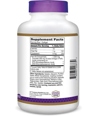 21st Century Fish Oil 1000 mg - Reflux Free Enteric Coated Softgels (180 Count) - Buy Online on GoSupps.com