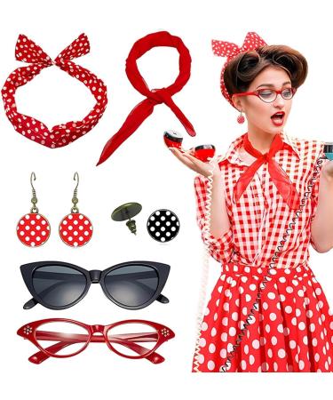 Polka Dot Headband - 1950s Headbands and Drop Earrings Set | Print Dangle Earrings with Vintage Hair Bands Chiffon Scarf Cat Eye Glasses Red One Size - Buy Online on GoSupps.com