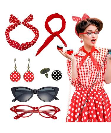 Dyeulget 50s Costumes for Women 1950s Headbands and Drop Earrings Set | Cat Eye Glasses with Vintage Polka Dot Hair Bands and Headband for Women Red One Size