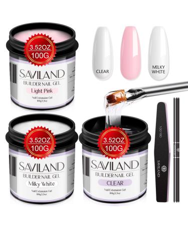 SAVILAND Builder Nail Gel Kit - 3 PCS 3.53 oz Large Capacity Clear&Light Pink&Milky White Hard Gel for Nails Kit with Gel Nail Brush Soak-off U V Nail Gel for Nail Extension&Repair for Salon 3 Pcs Clear Light Pink Milky White