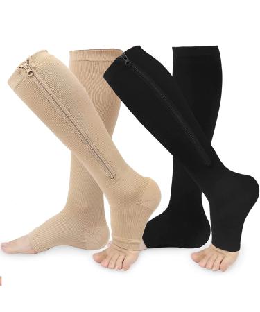 EWRGGR 20 30 mmHg zipper socks 2 pairs of zipper compression stockings for women toe-free stocking wide calf knee-length simple on and off black and beige small/medium