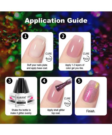 RARJSM Shell Glitter Top Coat Gel Nail Polish Set - 6 Iridescent Colors for Home Salon - Clear Green Purple Red Blue - Glossy Mirror Shine - Soak Off LED UV Curing - Buy Online on GoSupps.com