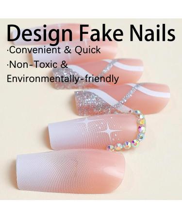 Ombre Press on Nails - Long Square Fake Nails with French Designs & Glitter - 24Pcs Acrylic Nude Pink - Rhinestone Full Cover for Women & Girls - Buy Online on GoSupps.com