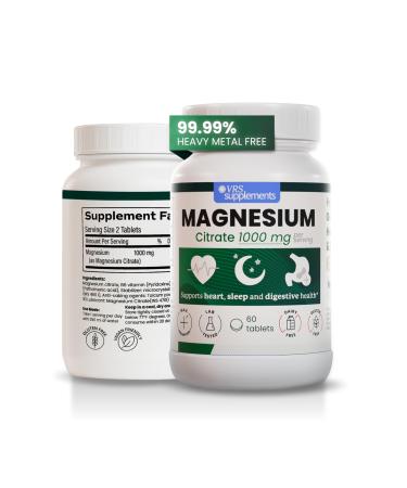 Magnesium Citrate 1000mg Tablets High Absorption Supplement for Muscle Function Bone Strength Nerve Health & Relaxation Non-GMO Gluten-Free Supports Energy & Calmness 60 Tablets