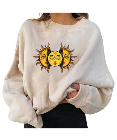 Graphic Tees for Women Vintage Crewneck Long Sleeve Pullover Casual Moon Sun Print Shirts Trendy Streetwear Crop Tops